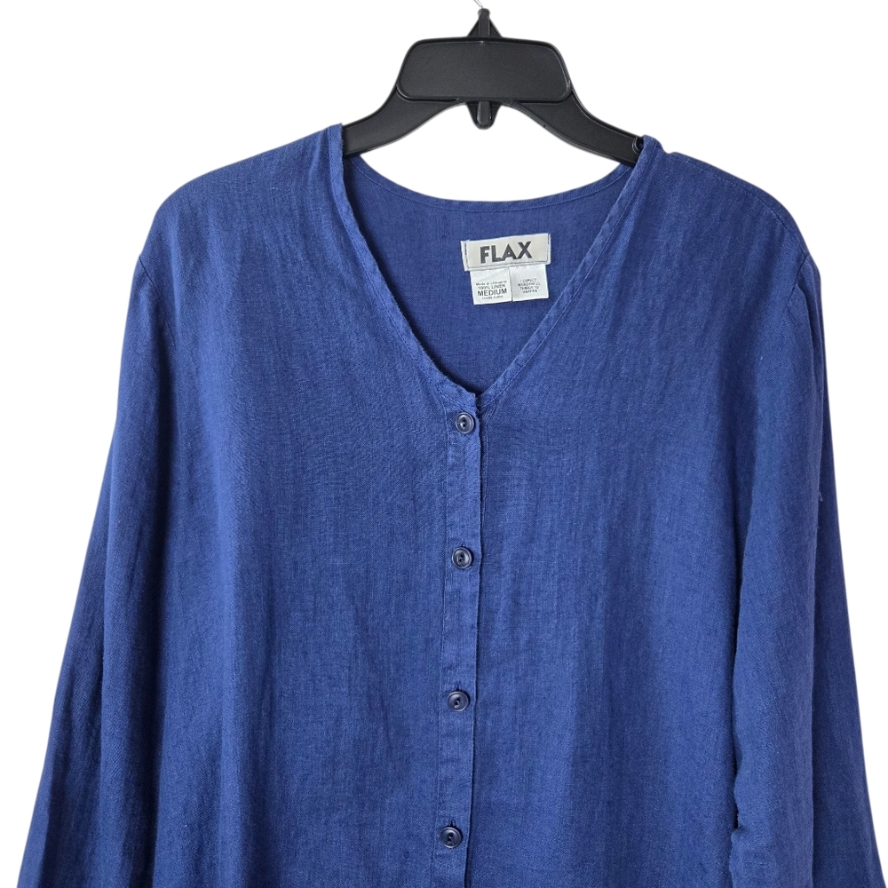 FLAX Medium Blue 100% Linen‎ V-Neck Button-Front Long Oversized Tunic Top - Picture 4 of 16